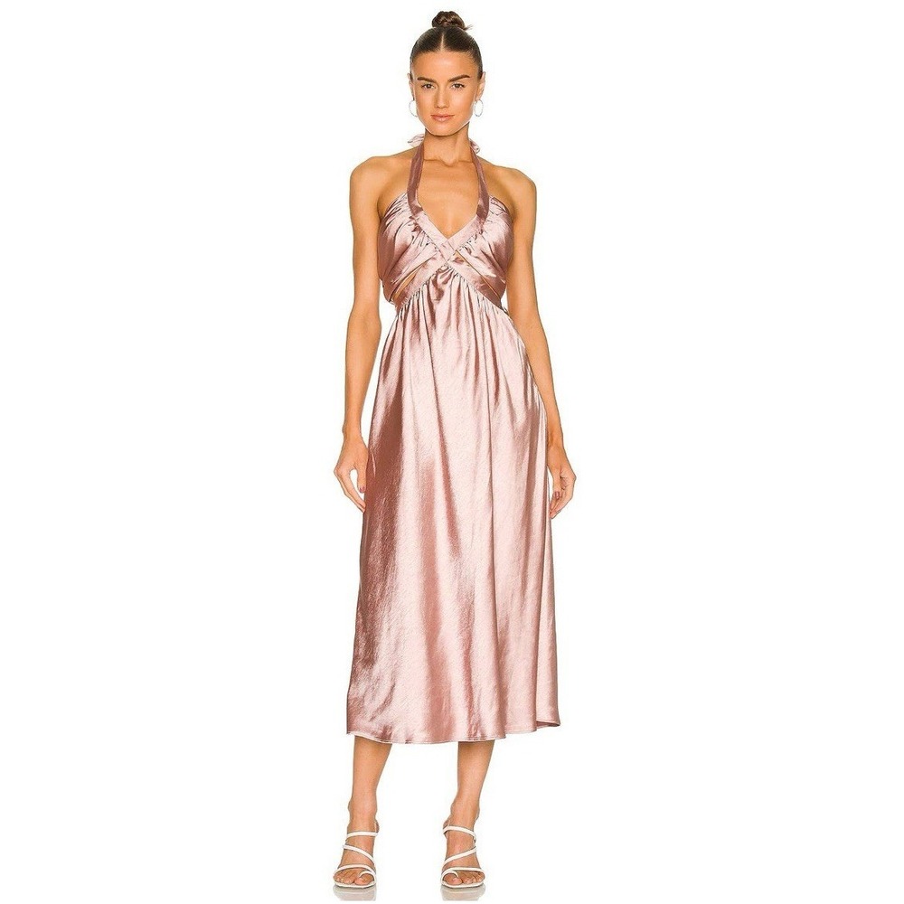 Line & Dot Emma Cut Out Midi Dress Mauve Pink Satin Halter Open Back Tie Size M